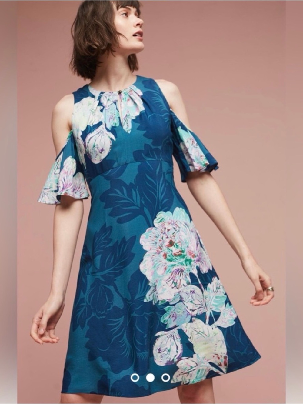 Maeve Teal Floral Cold-Shoulder Midi Dress - Picture 3 of 10